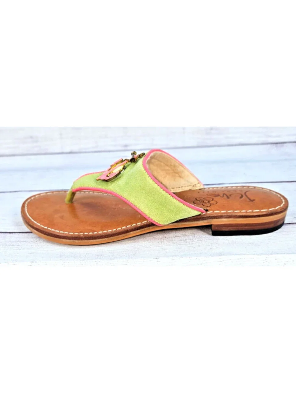 Juno Shoe Girl thong Anchor Sandals with pink anchor on green suede strap size 6